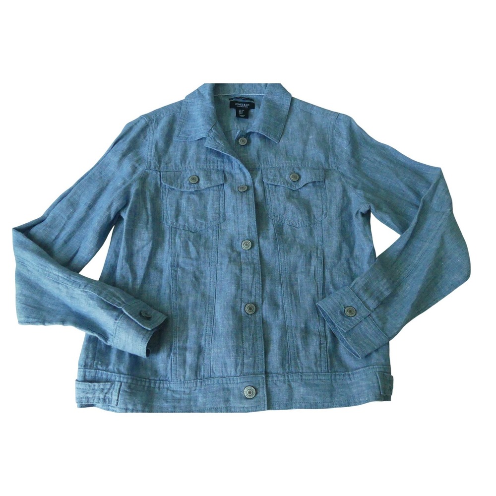 Jones New York Jones & Co Blue 100% Linen Jacket Womens Small Coastal Office
